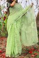 Nondita - Kathaphor Lemon Green Saree with Block Print. 