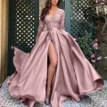 Women's Dress Spring Slim Lace Stitching Split Dress Women's Fashion Long Sleeve V-neck High Waist Party Formal Dress.