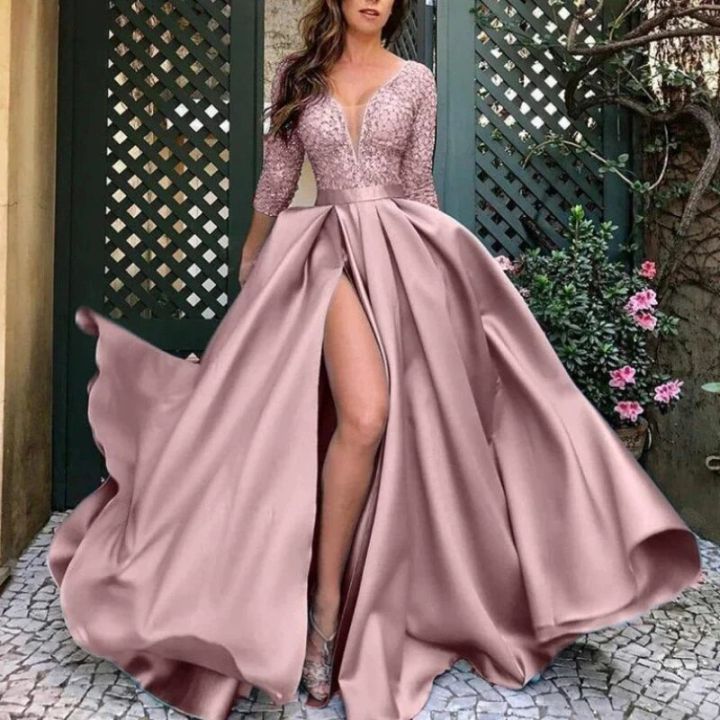 Women's%20Dress%20Spring%20Slim%20Lace%20Stitching%20Split%20Dress%20Women's%20Fashion%20Long%20Sleeve%20V-neck%20High%20Waist%20Party%20Formal%20Dress%20-%20Image%204