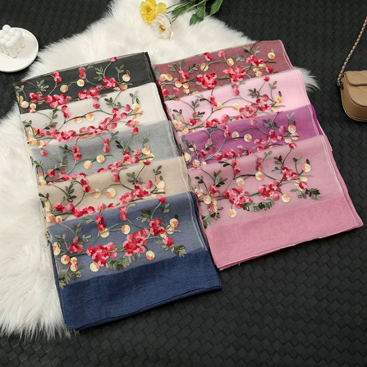 New Floral Silk Scarves Women Luxury Embroidery Scarf Foulard Femme Hijab Bandana Shawl Pashmina Stoles Big Size Headscarf Wraps