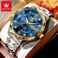 OLEVS watch for men original waterproof fashion diamond dial luminous dual calendar stainless steel strap relo for men 5609. 