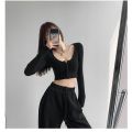 Hot Girl Sexy Cropped Long Sleeve T Women's T-shirt 2024 Spring and Autumn New Pure Color Tight Slimming Cardigan Short Top.