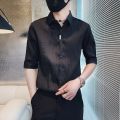 2022 Spring Casual Shirt Men Half Sleeve Slim Fit Business Formal Dress Shirts Social Party Nightclub Stripe Tuxedo Men Clothing. 