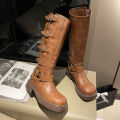 miu*Model Style Belt Buckle Chunky Heel Martin Boots Women's Spring/Summer Leather Retro below the Knee Boots Western Boots. 