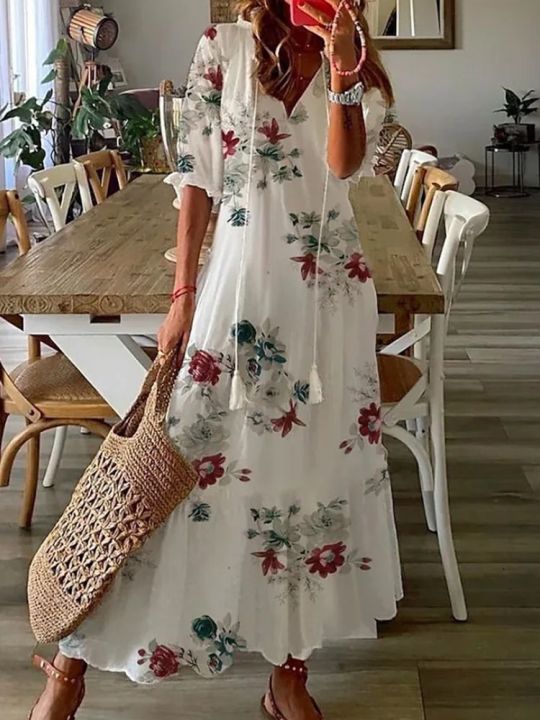 Summer%20V%20Neck%20Half%20Sleeve%20Long%20Beach%20Dress%20Women%20Print%20A-Line%20Loose%20Dress%20Cover-Ups%20Boho%20Casual%20Lace%20Up%20Beach%20Dress%20Cover-Ups%20-%20Image%203