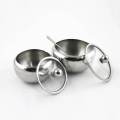 Kitchen Seasoning Box Stainless Steel salt/ Sugar Bowl With Glass Clear Lid and Spoon. 