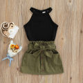 2-Piece Girls Summer Outfits, Ribbed Off-Shoulder Tank Tops + Ruffle Skirt with Pockets for Kids, 9 Months to 5 Years. 
