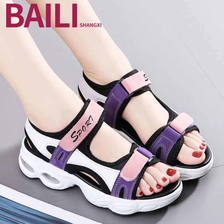Baili Shangxi Special Leather Sports Sandals for Women2023Summer Thick Bottom All-Match Super Hot Beach Slippers