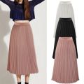 Elegant Long Skirts Womens Solid Pleated Elegant Midi Elastic Waist Maxi Skirt Korean Fashion Black Skirt Jupe Longue Femme.
