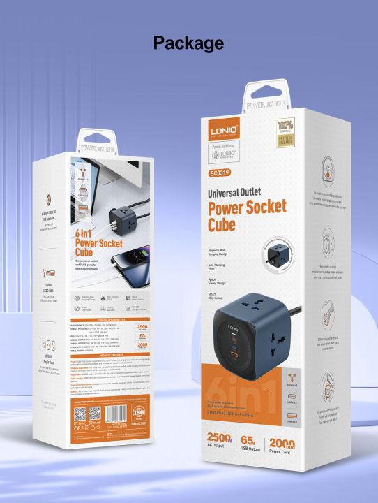 LDNIO SC3319 6-in-1 65W Power Socket Cube Fast & Universal | Daraz.com.bd