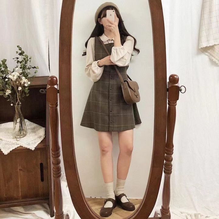 Cute Mini New Year Date Dresses Sleeveless Vest Women Korea Japanese Style Design Retro Vintage Plaid Button Shirt Dress New