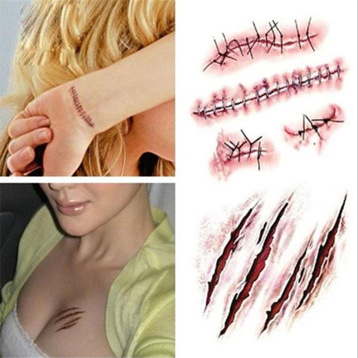 GlowSol Horror Realistic Fake Bloody Wound Stitch Scar Scab Waterproof Temporary Tattoo Sticker Body Art Stickers Halloween Masquerade Prank Makeup Props RC2251 10.56CM