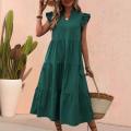 Women Summer Dress A-line Patchwork Big Hem Lady Dress Flying Sleeves Ruffle Pleated Vacation Beach Midi Dress. 