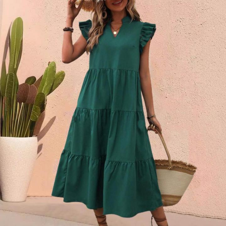 Women Summer Dress A-line Patchwork Big Hem Lady Dress Flying Sleeves Ruffle Pleated Vacation Beach Midi Dress