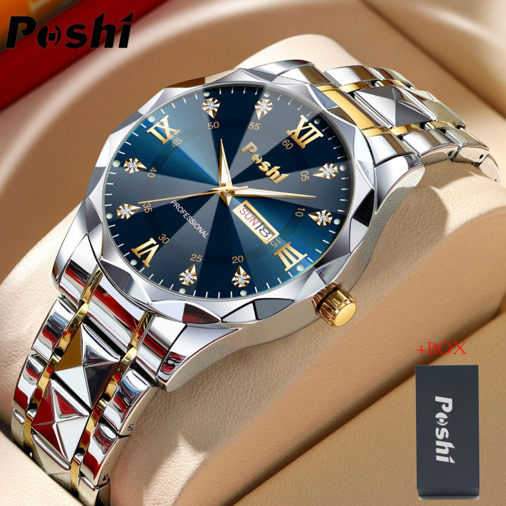 POSHI New collection Casual Stainless Steel Dual Calendar Fashonable Waterproof Analog Watch For Men (Japan Movement 7T35)with box