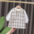 DSstyles Baby Girls Dress Set Casual Long Puff Sleeves T-shirt Plaid Knitted Tank Dress With Pearl Button Trim Outfit For Kids Toddler Girls Gifts.