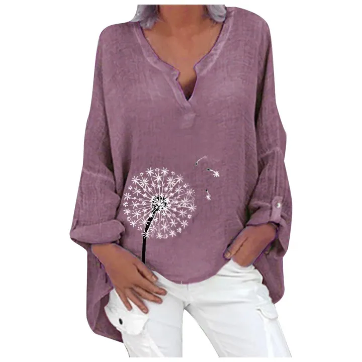 Plus%20Size%20Shirt%20Cotton%20Linen%20Loose%20Long%20Blouse%20Women%20Casual%20Long%20Sleeve%20Floral%20Print%20Loose%20V-neck%20Shirt%20Top%20Blusa%20Chemise%20Mujer%20-%20Image%202