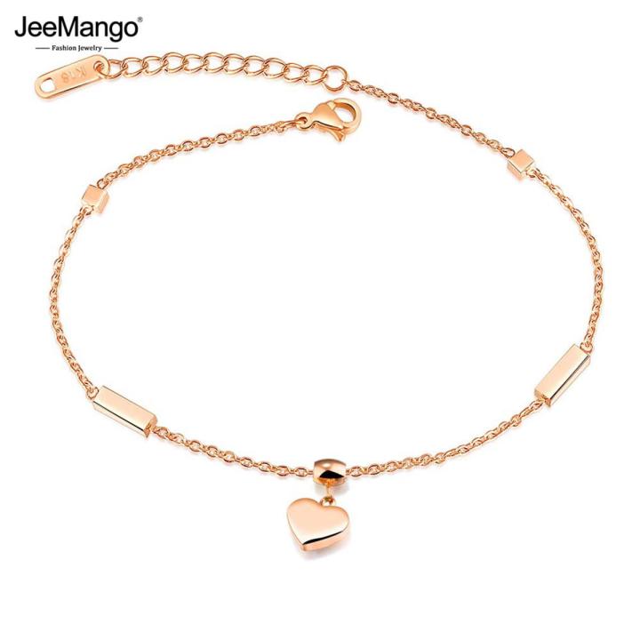 JeeMango Heart Cube Charm Anklets For Women Rose Gold Plated Stainless Steel Female Foot Bracelet Friendship Jewelry JA19040