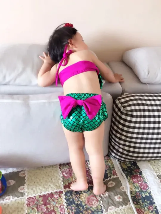 2Pcs%20Baby%20Girl's%20Mermaid%20Swimming%20Costume%20Swimwear,%20Sleeveless%20Bowknot%20Bikini%20Top,%20Triangle%20Crotch%20Short%20with%20Bow%20for%20Beach%20-%20Image%207