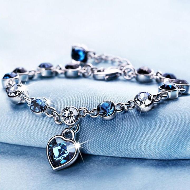 Bracelet For Women Silver Heart Shape Blue Stone Chain Bracelet