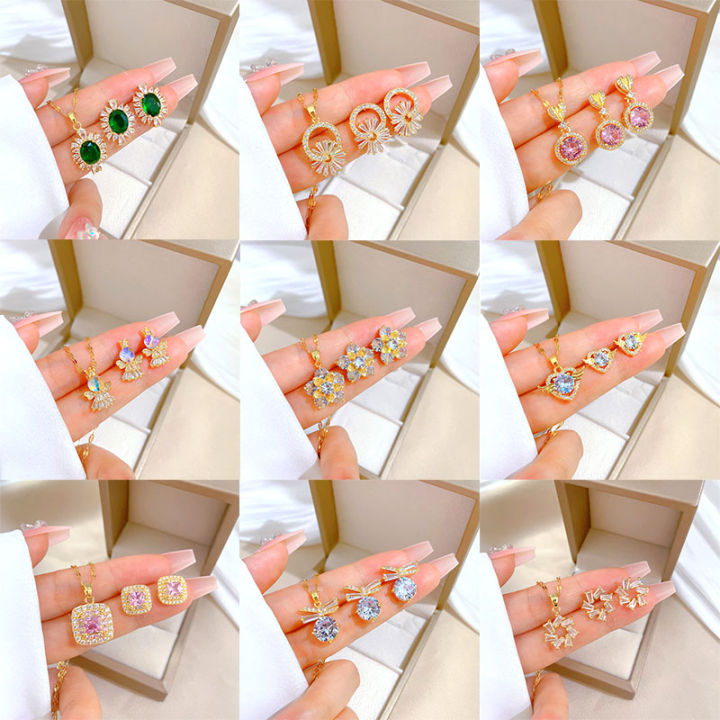 Fashion%20Jewelry%20Set%20Women%20Stainless%20Steel%2018k%20Gold%20Zircon%20Clover%20Butterfly%20Heart%20Pendant%20Necklace%20And%20Earrings%20Set%20For%20Gift%20-%20Image%204