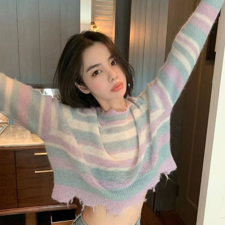 KOSAHIKI%202023%20Korean%20Fashion%20Loose%20Thin%20Knitted%20Pullover%20Women%20Rainbow%20Striped%20Cropped%20Sweater%20Ripped%20Y2k%20Harajuku%20Streetwear%20-%20Image%202