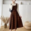 Autumn Winter Lady fashion Overalls 2 Piece Set Dress Women black Knitted Sweater Top + Plaid Tweed Slim Big Swing Midi Dress. 
