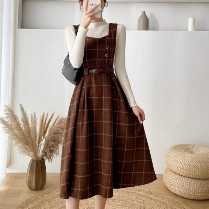 Autumn%20Winter%20Lady%20fashion%20Overalls%202%20Piece%20Set%20Dress%20Women%20black%20Knitted%20Sweater%20Top%20+%20Plaid%20Tweed%20Slim%20Big%20Swing%20Midi%20Dress%20-%20Image%202
