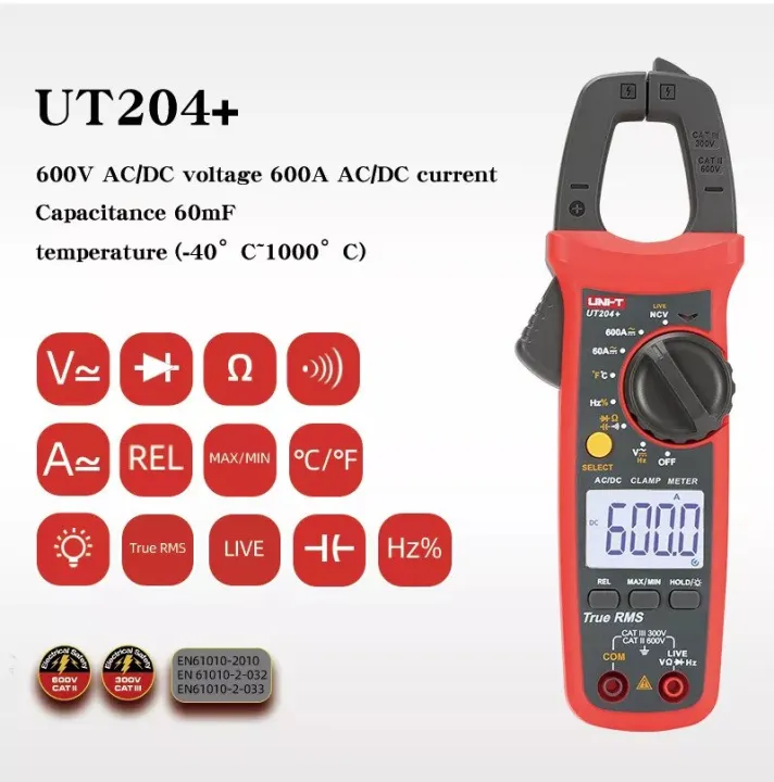 UNI-T%20UT204+%20Digital%20Clamp%20Meter%20AC/DC%20Current%20Tester%20(600A)%20True%20RMS%20Auto%20Range%20Temperature%20Measurement%20High%20Precision%20Multimeter%20-%20Image%202
