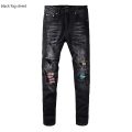 black fog street Men's pleated patchwork ripped black biker jeans Trendy streetwear holes stretch denim pants 638#. 