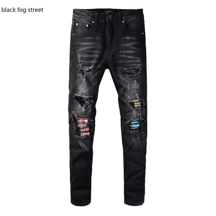 black fog street Men's pleated patchwork ripped black biker jeans Trendy streetwear holes stretch denim pants 638#