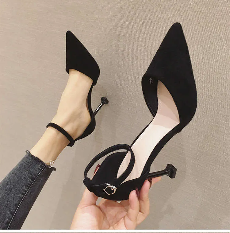 868 Spring New Black Thin Pointed Teen Girls, High Heels, Suede
