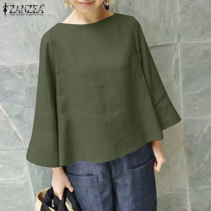 ZANZEA%20Womens%20Vintage%20Cotton%20Plain%20Basic%20Tee%20Blouse%20Simple%20Casual%20Flare%20Long%20Sleeve%20Tops%20#8%20-%20Image%202