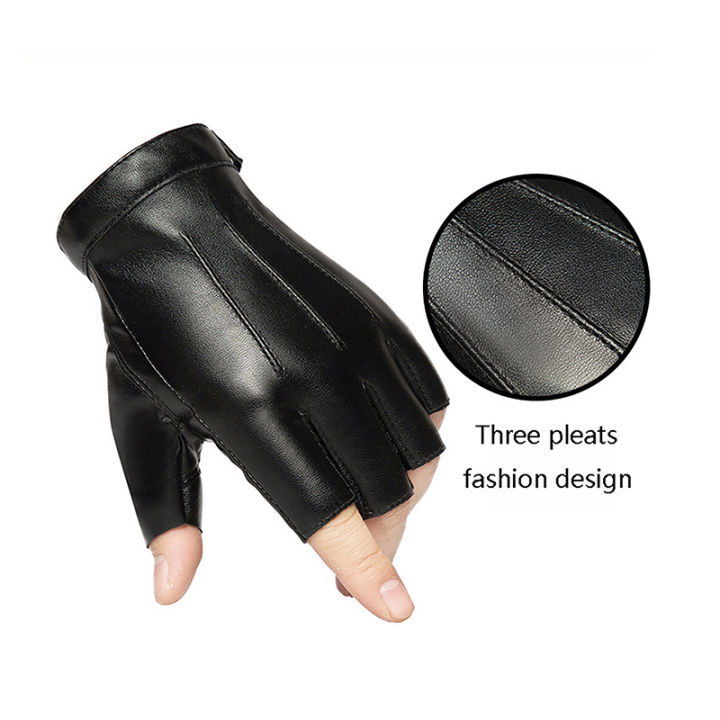 Fingerless Men Gloves PU Leather Motor Punk Gloves Male Mittens Black Half Finger Outdoor Tactical Mens Leather Driving Gloves-MINETTE