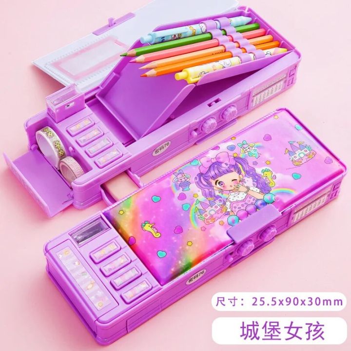Mechanical Deformation Combination Lock Stationery Box Girl Cute Pencil Case School Student Pencil Box Cartoon Plastic Pen Case