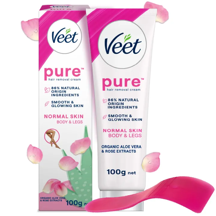 Veet Pure™ Hair Removal Cream 100g Normal Skin for Body & Legs, Freshest Smell with With Organic Aelo Vera and Rose Extract, Dermatologically Tested