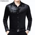 Luxury Chinese Dragon Embroidery Velvet Shirt Men Slim Fit Long Sleeve Casual Shirts Mens Button Down Social Party Chemise 4XL. 