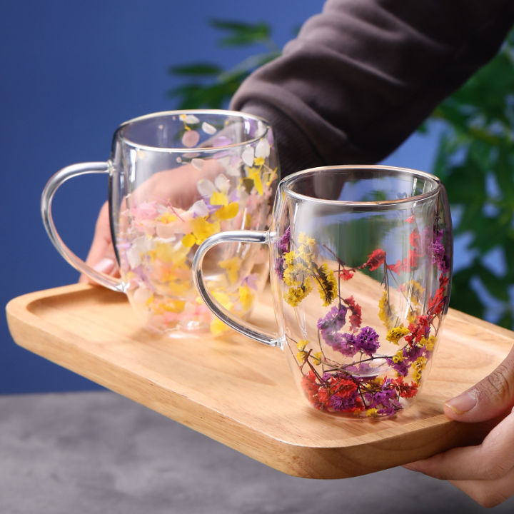 Real Flower Double-layer Glass Cup with Handle Heat-resistant Mug Tea Coffee Cup Espresso Milk Cup Creative Gift Double Wall