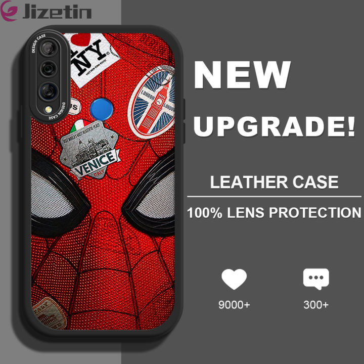 Jizetin for Huawei Y9 Prime 2019 Back Cover Spider Man Lambskin Texture PU Leather Back For Girls Boys Soft Phone Case