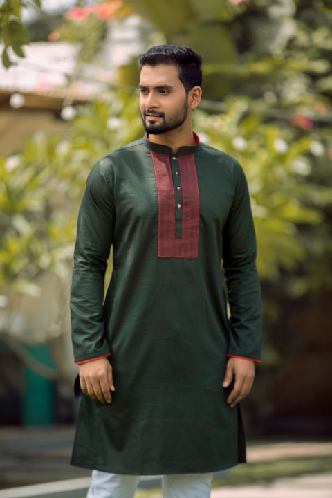 Masculine%20Dark%20Green%20Semi%20Fit%20Casual%20Panjabi%20For%20Men%20-%20Image%203