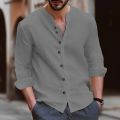 men's cotton linen shirt loose comfortable casual linen young men stand collar solid color shirt. 