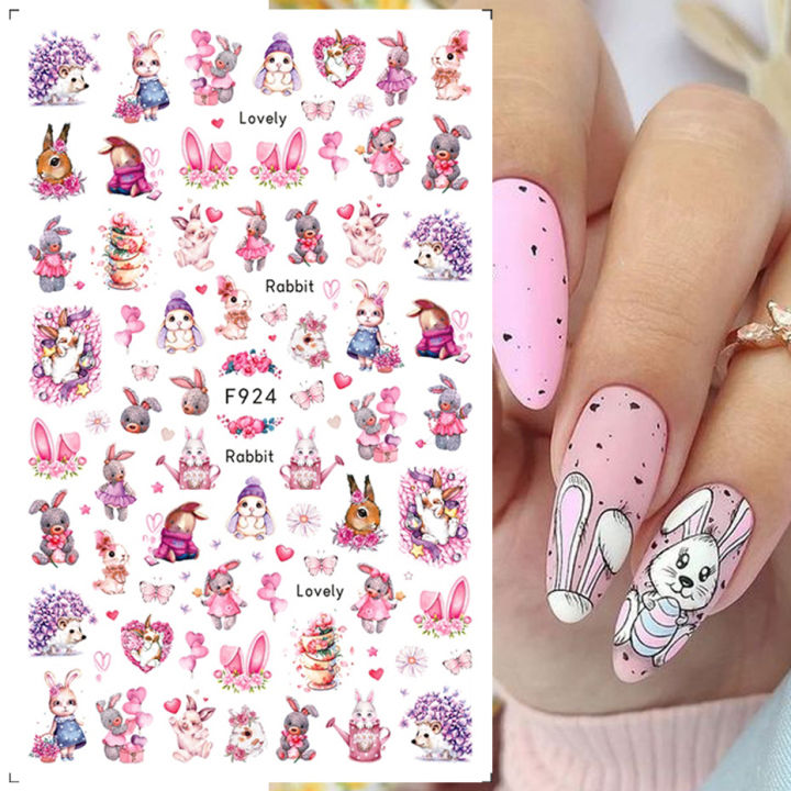 Easter Bunny Nail Stickers Cute Cartoon Rabbit Animal Heart Flower Lucky Words 3D Slider Valentine Manicure Accessories