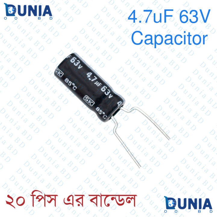 4.7uF 63V Capacitor Radial Electrolytic capacitor Polarized Aluminium body for Amplifier & Circuits Dunia BD