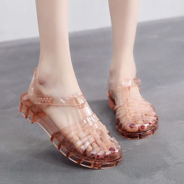 Crystal sandals, women's transparent flats, summer plastic soft jelly shoes, beach shoes, washable toe