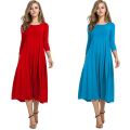 Cross-border European and American women's clothing 2024 spring new skirt fashion casual pleated three-quarter sleeve solid color swing dress. 