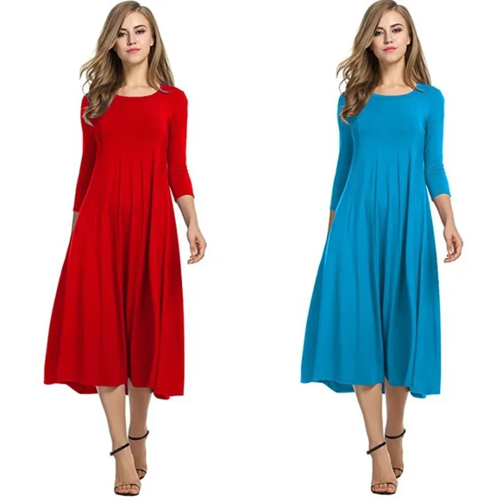 Cross-border%20European%20and%20American%20women's%20clothing%202024%20spring%20new%20skirt%20fashion%20casual%20pleated%20three-quarter%20sleeve%20solid%20color%20swing%20dress%20-%20Image%203