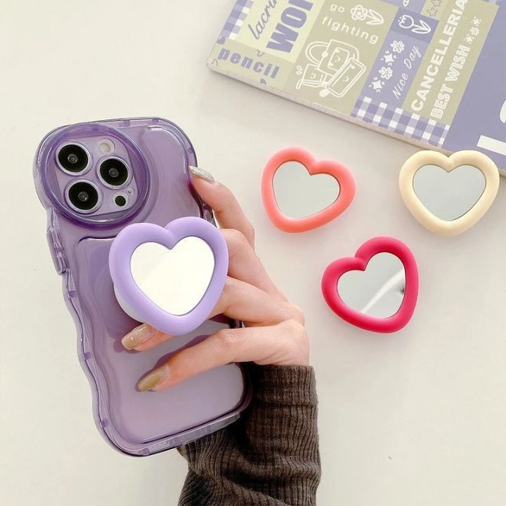 Korea Ins Cute Love Heart Mirror Lazy Griptok Bracket For iPhone 14 Plus Accessories Grip Tok Silicone Phone Holder Ring Stand