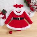 Baby Girls 2Pcs Christmas Bodysuits Outfits Long Sleeve Fur Trim Velvet Romper Dress Headband Set Newborn Winter Xmas Clothes.