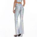 Women Girls PU Leather Metallic Pants Shiny Holographic Flare Pants Bodycon Elastic Waist Bell Bottom Trousers Clubwear. 