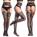 Women Black Stockings High Waist Fishnet Tights Lingerie Pantyhose Leopard Print Long Mesh Lace Stocking With Belt.